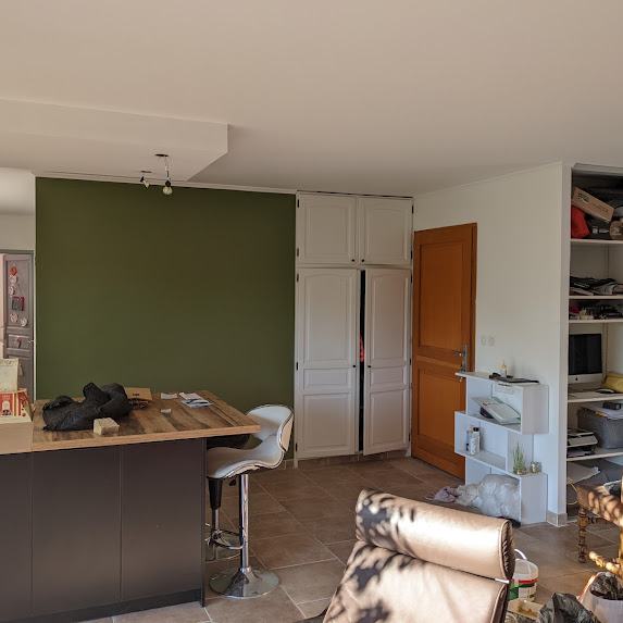 cuisine avec un mur de couleur vert 